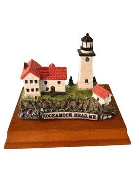 Vintage Hockamock Head Maine Lighthouse Miniature Figurine on Wood Base